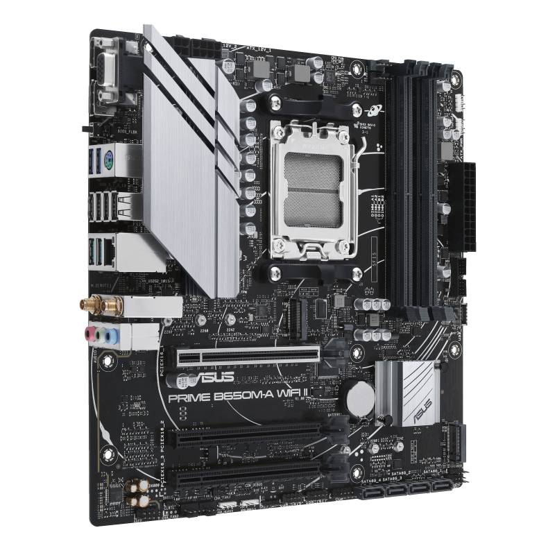 Základná doska ASUS s viacerými slotmi, konektormi a chladičmi, vhodná pre počítačové zostavacie projekty.
