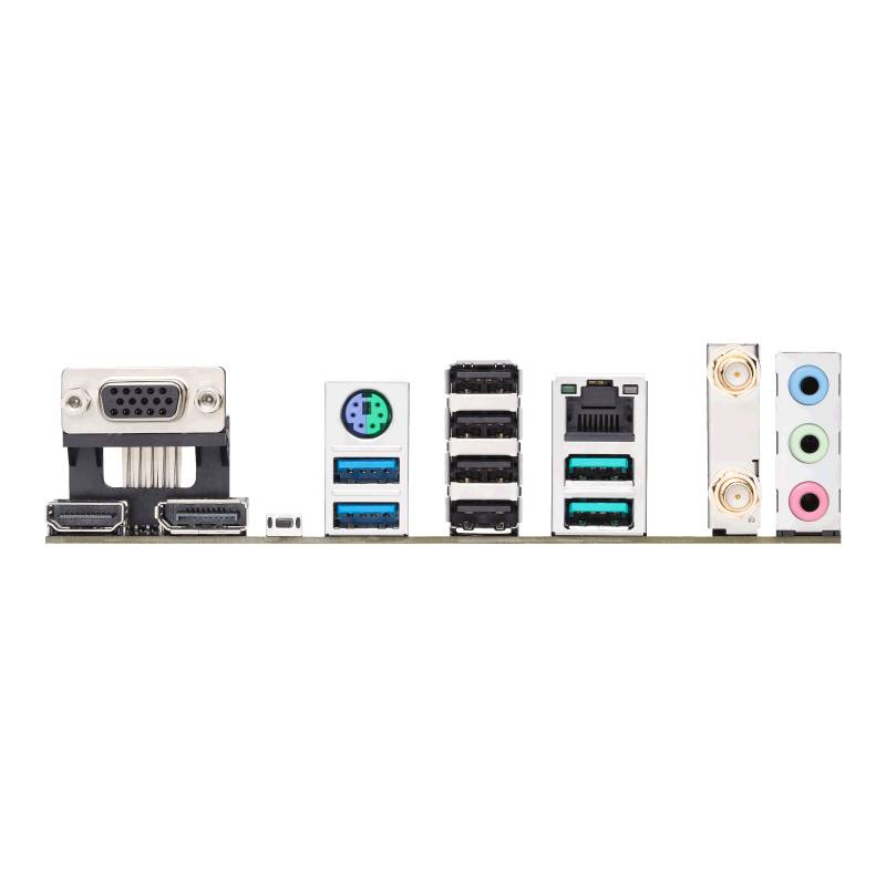 Zadná strana počítačovej základnej dosky s rôznymi konektormi: VGA, HDMI, USB, Ethernet, audio konektory a ďalšie.