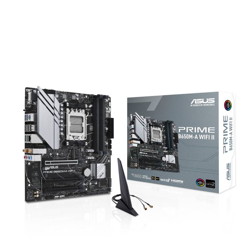 Doska základnej dosky 'ASUS Prime B650M-A WIFI II' je zobrazená vedľa balenia a antény. Obsahuje zásuvku a rozhrania pre komponenty počítača.