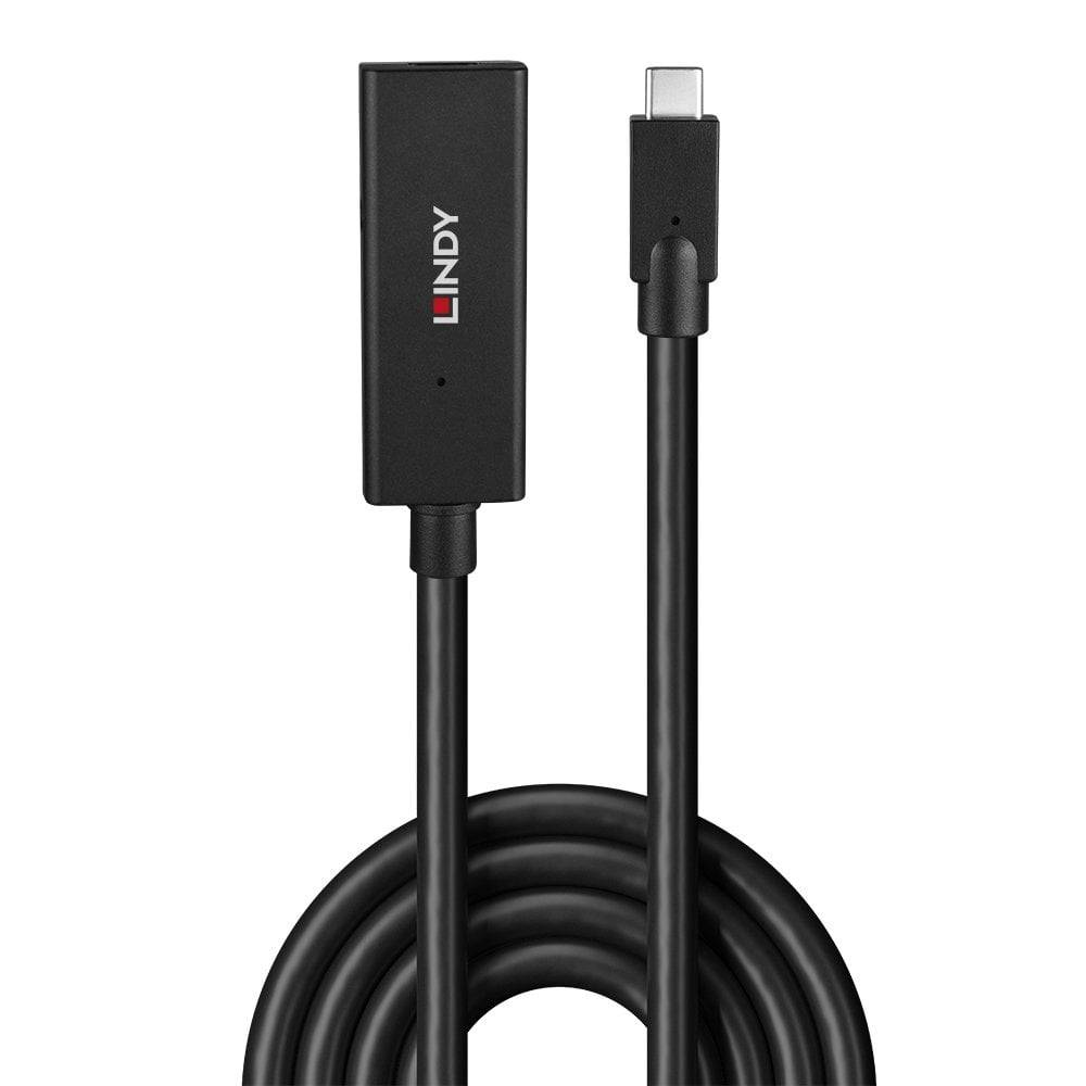 Čierne adaptérové USB-C na DisplayPort káble od Lindy. Jeden koniec s USB-C zástrčkou, druhý s DisplayPort portom.