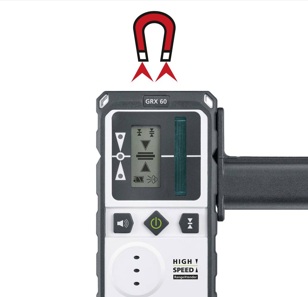 Elektronický prijímač s displejom a magnetom, zobrazuje orientačné symboly. Používa sa na laserovú nivelizáciu a meranie výšky.