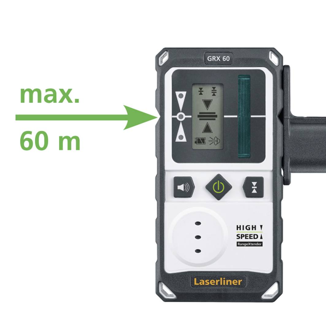 Laserový diaľkomer ukazuje 'max. 60 m'. Zariadenie s displejom a ovládacími tlačidlami na merania.