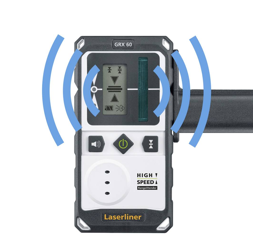 Digitálne laserové meracie zariadenie s displejom zobrazuje symboly pre meranie vzdialenosti a rýchlosti. Modré vlnité čiary signalizujú aktívnu prevádzku.