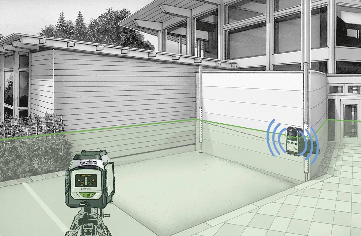 Obrázok zobrazuje použitie laserového meracieho zariadenia na presné zameranie fasády budovy. Zelený laser projektuje línie.