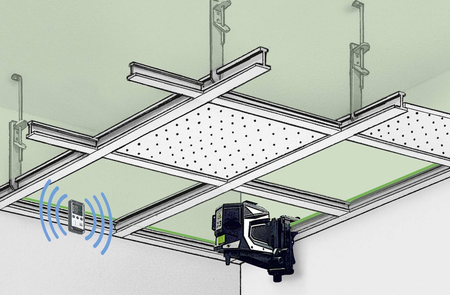 Zavesený strop so snímačom vzduchu a kamerou; zobrazuje inštaláciu technológie budovy na monitorovanie vnútornej klímy a bezpečnosti.