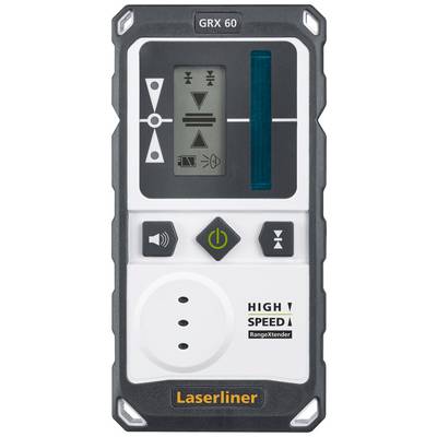 Ručné zariadenie s digitálnym displejom a rôznymi symbolmi. Tlačidlá pre hlasitosť, zapnutie/vypnutie a posuvný ovládač. Značka 'Laserliner'.