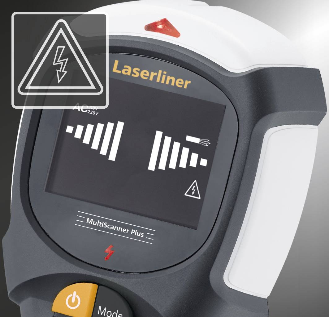 Elektronické zariadenie s obrazovkou zobrazuje diagramy a symbol blesku ako výstražné znamenie. Nápis 'Laserliner' je viditeľný.