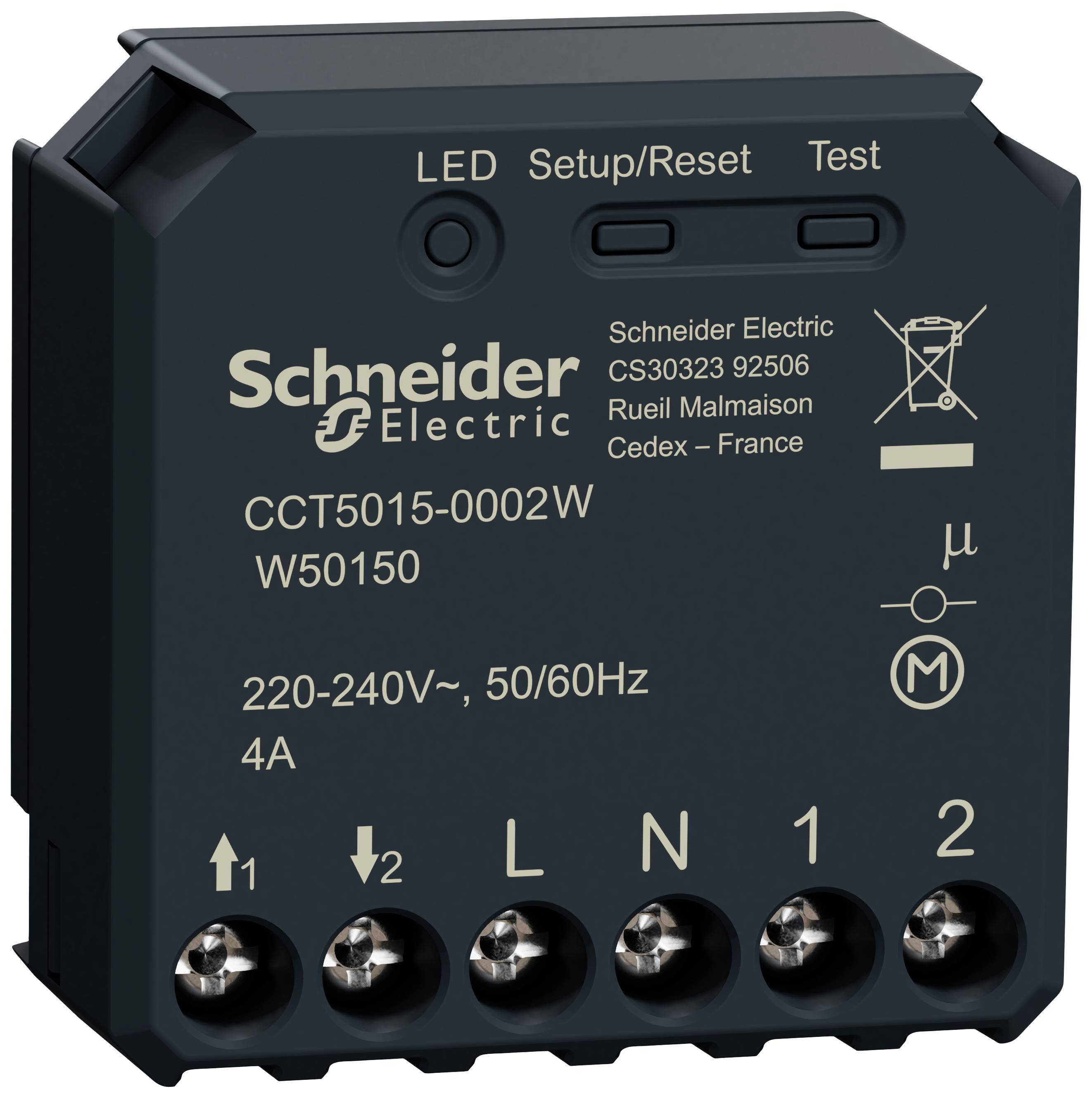 Elektronický modul od Schneider Electric, v čiernom puzdre, s prípojkami a technickými špecifikáciami vrátane napätia a prúdu.