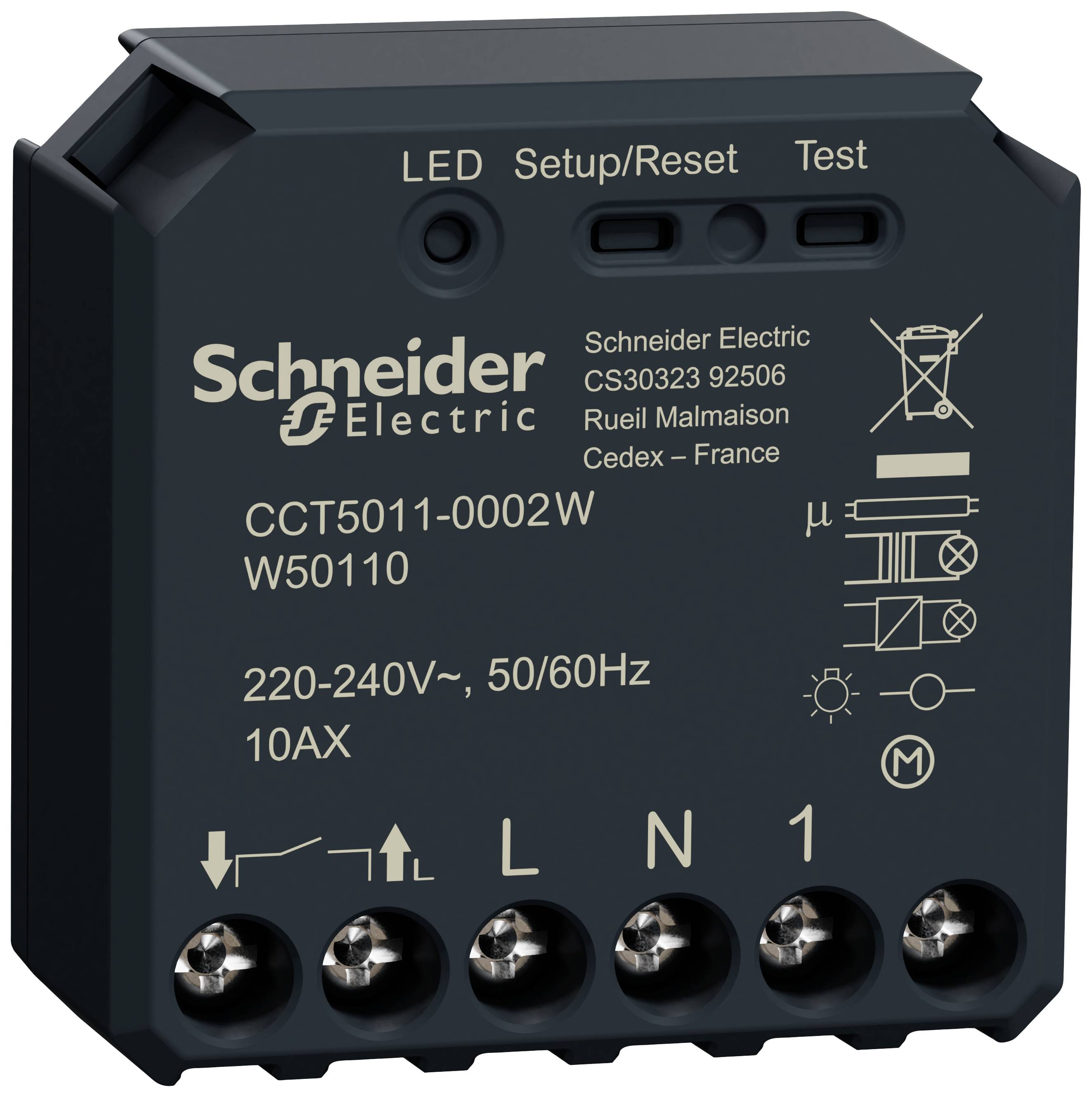 Čierna elektrická riadiaca jednotka od spoločnosti Schneider Electric, model CCT5011-0002W, s pripojeniami a označeniami vpredu.