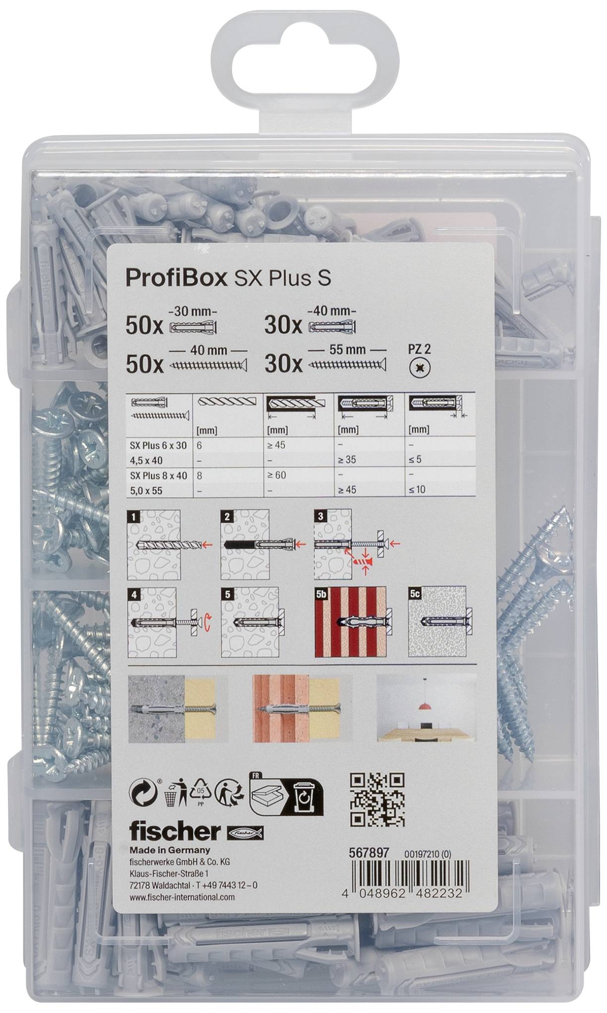 'ProfiBox SX Plus S' sada so 50 hmoždinkami (≤30 mm), 50 hmoždinkami (≤40 mm), 30 skrutkami (≤40 mm), 30 skrutkami (≥40 mm). Ideálna pre rôzne materiály.