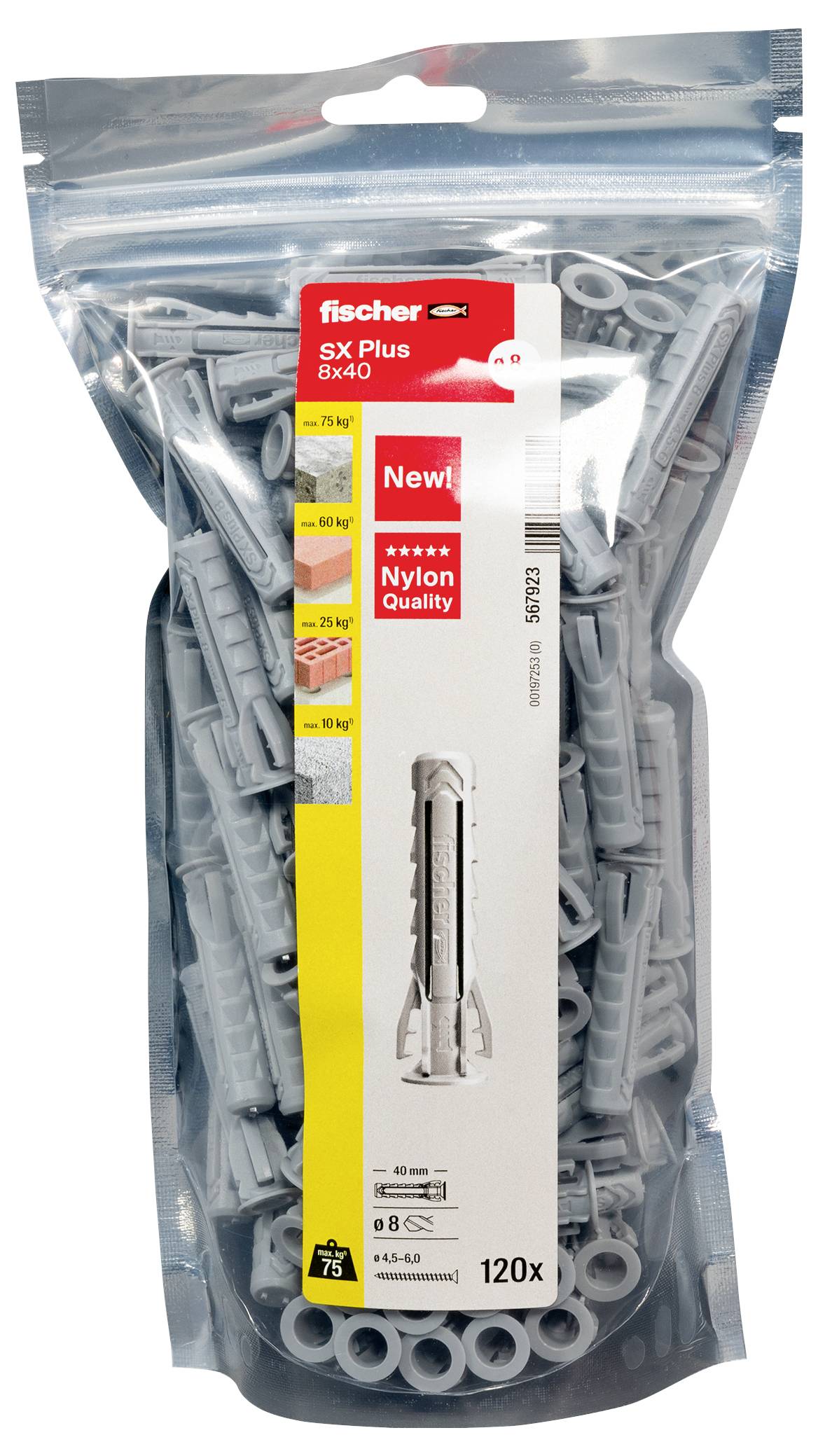 Plastové hmoždinky Fischer, typ SX Plus 8x40, v priesvitnom balení. Obsahuje 120 kusov a vyznačuje sa kvalitou nylonu.