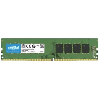 Zelený pamäťový modul Crucial DDR4 s viacerými čiernymi čipmi a bielou nálepkou s technickými informáciami.