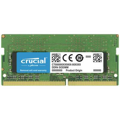 Zelená DDR4 SODIMM RAM karta s etiketou "crucial by Micron". Text: "Odstránenie ruší záruku", číslo produktu a pôvod.