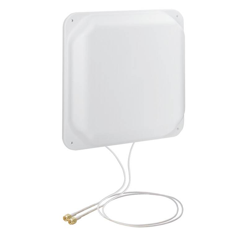 Biela štvorcová anténa so zaoblenými rohmi a dvoma káblami na spodnej strane, vhodná na zosilnenie signálu Wi-Fi.