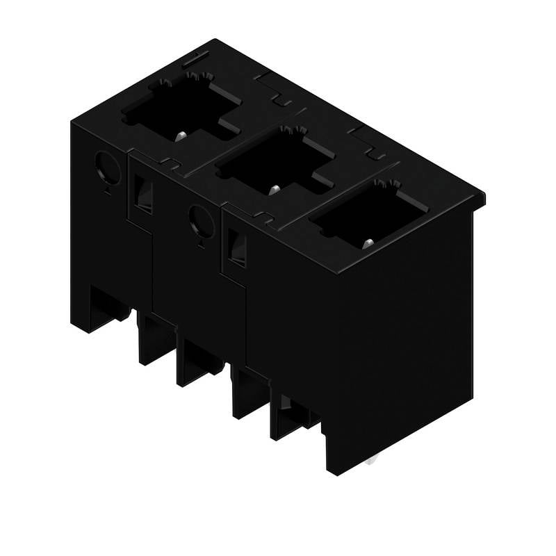Čierny trojradový elektrický konektor s otvormi pre kontakty a montážne otvory.