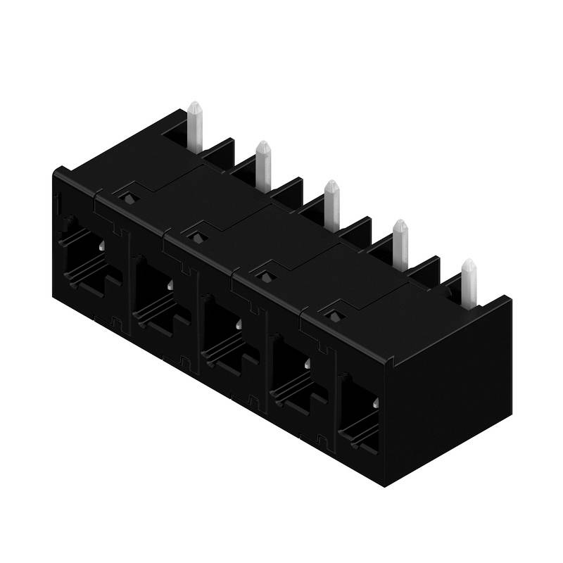 Čierny, obdĺžnikový sieťový konektor s viacerými RJ45 portami a kolíkmi vhodnými na montáž na dosku plošných spojov.
