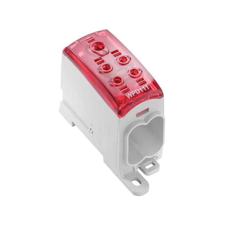 Biely, obdĺžnikový elektrický rozvodný blok s červeným priehľadným krytom, na ktorom je nápis 'WPD111'.