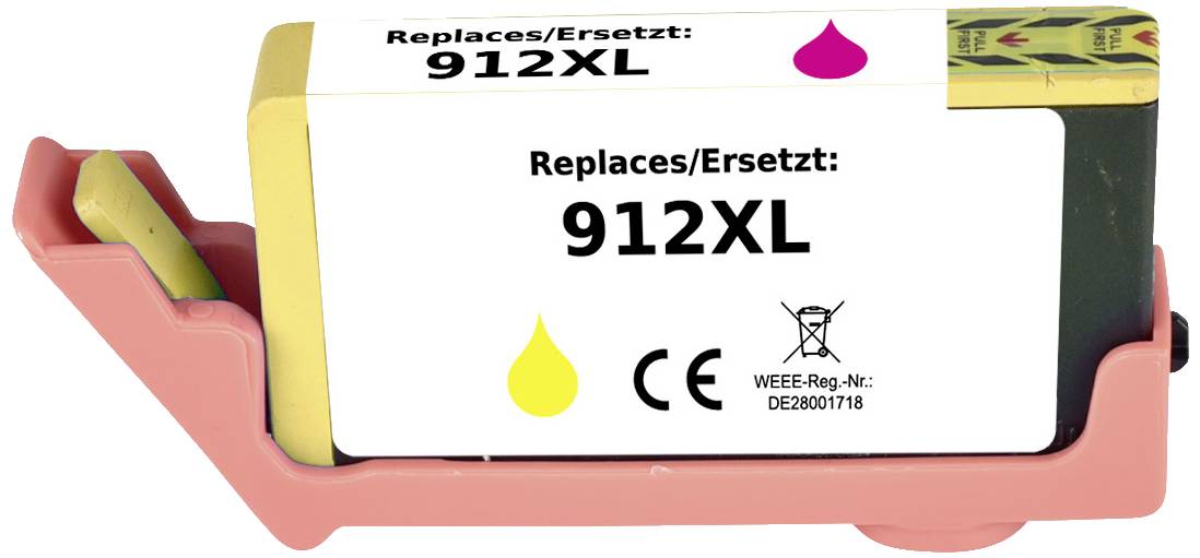Atramentová kazeta v držiaku. Tlačený text: 'Nahrádza/Replaces: 912XL' so žltým symbolom kvapky. Označenie CE a výrobné číslo.
