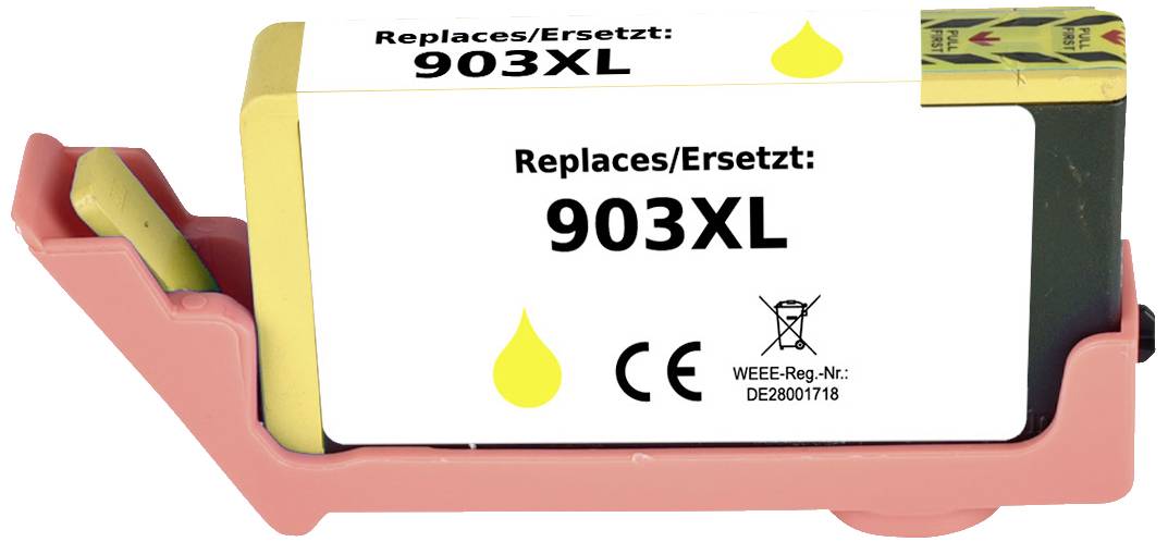 'Atramentová kazeta 903XL, náhrada za 903XL, s označením CE a registračným číslom WEEE: DE28007118, na ružovom držiaku.'