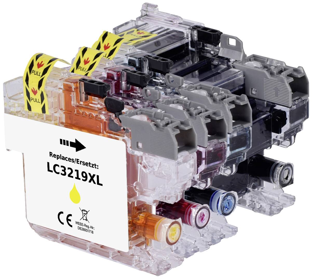 Atramentová sada kaziet pre LC3219XL: Žltá, Purpurová, Azúrová a Čierna. Označenie 'Nahrádza: LC3219XL'. Označenie CE viditeľné.