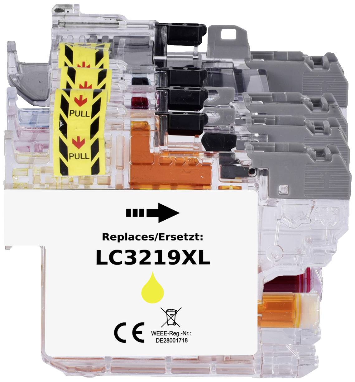'Náhradná/nahradená kazeta: LC3219XL, s označením CE, priehľadný obal, žltý symbol a červené PULL označenia hore.'