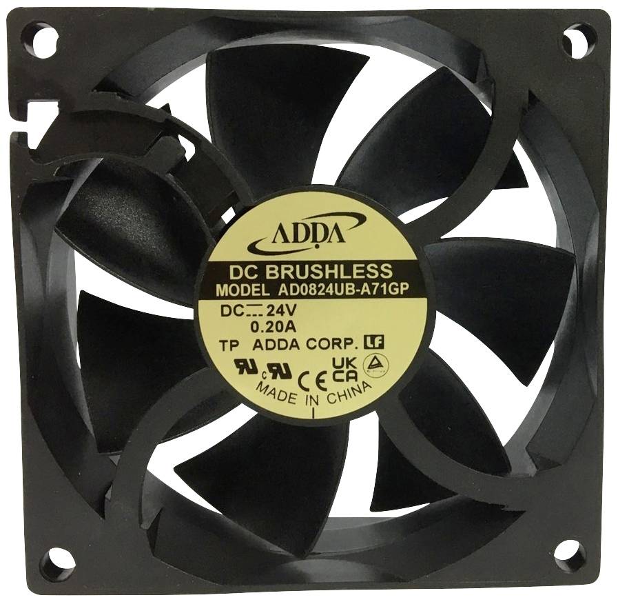 Ventilátor od ADDA, model AD0824UB-A71GP, 24V, čierny, bezkefový; štvorhranný dizajn s ôsmimi rotačnými listami.
