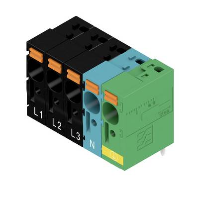 Štyri modulárne elektrické konektory v rade, označené L1, L2, L3, N. Pravý konektor je zelený a má dodatočné označenia.