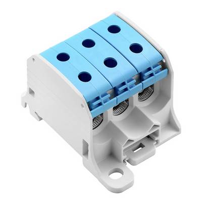 Trojpólový elektrický konektor v modrej a bielej farbe, vhodný pre káblové pripojenia, so skrutkovým upevnením a káblovými svorkami.