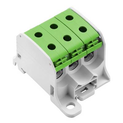 Zelený trojpólový svorkovnicový blok v plastovom kryte, používaný pre bezpečné elektrické prepojenia.