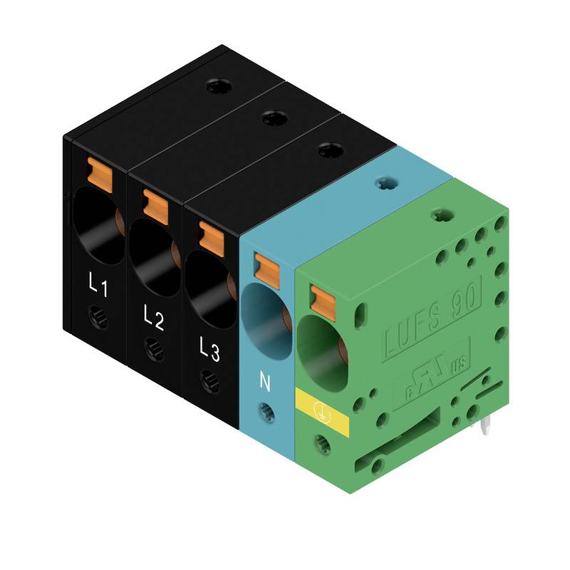 Obrázok štvorpólovej elektrickej svorkovnice s označeniami L1, L2, L3, N. Obsahuje skrutkovú alebo pružinovú svorku.