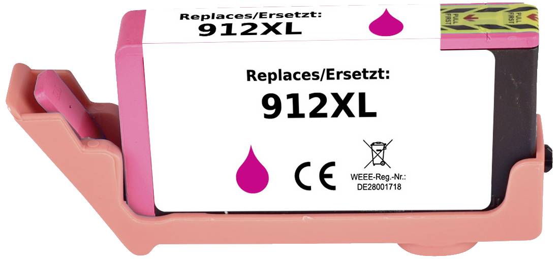 Atramentová kazeta 912XL v purpurovej farbe na držiaku. Text 'Nahrádza/Nahrádza 912XL' s označením CE a registračným číslom WEEE.