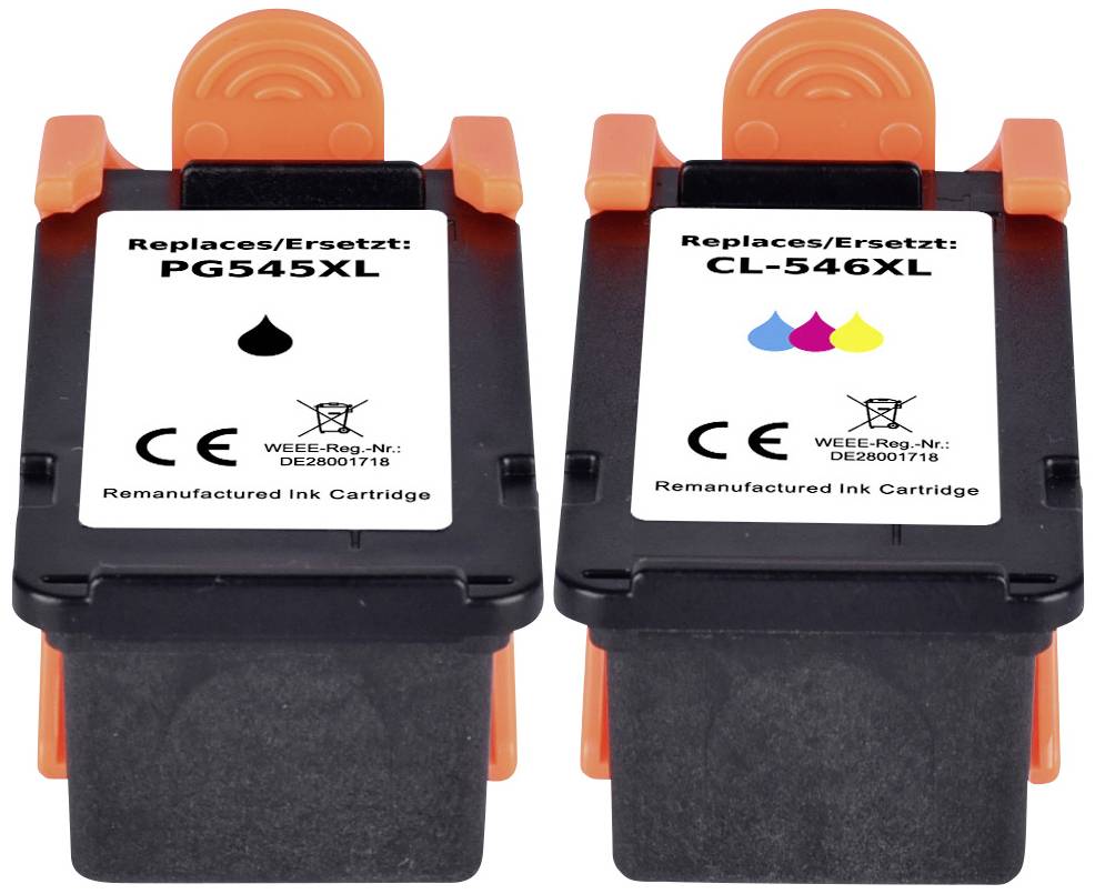 Dve atramentové kazety s potlačou 'PG545XL' a 'CL-546XL'. Jedna kazeta zobrazuje farebné označenia pre azúrovú, purpurovú a žltú farbu.