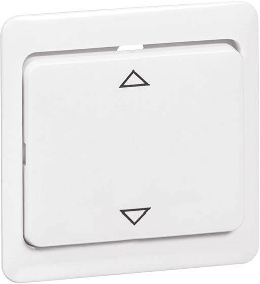 Biely stenový spínač so šípkami smerujúcimi nahor a nadol indikuje smer na otváranie a zatváranie žalúzií.