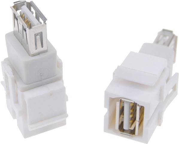 Dva adaptérové konektory, oba biele, každý s USB zásuvkou a zástrčkou, ktoré sa používajú na rozšírenie USB pripojení.
