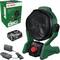 Prenosný ventilátor Bosch s nastaviteľným uhlom, červeným ovládacím gombíkom a príslušenstvom. Dizajn obalu zobrazuje detaily produktu.