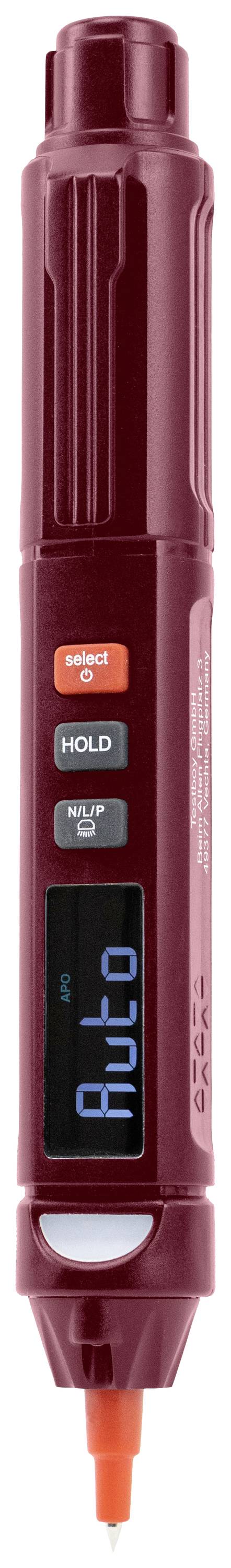 Červený elektrický tester napätia s displejom, dvoma tlačidlami ("Power" a "HOLD") a indikáciou 'Auto'.