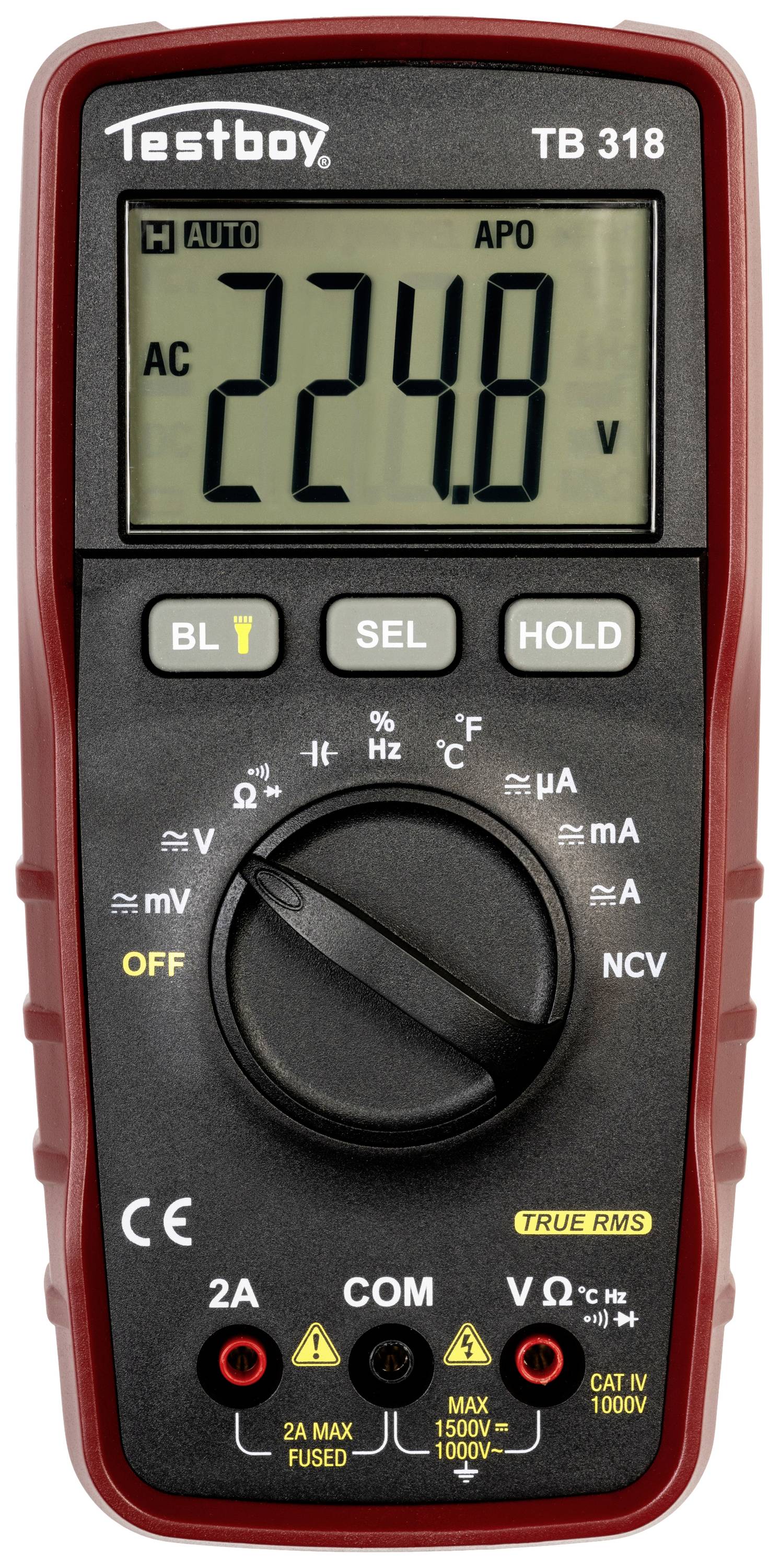 Digitálny multimeter s displejom zobrazujúcim '224,8 V', ktorý sa automaticky prepína na striedavý prúd. Funkcie pre meranie napätia, prúdu a odporu.