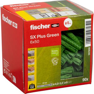 Produktová krabica Fischer SX Plus Green 6x50 plastových kotiev do zásuviek, obsahujúca 90 zelených plastových kotiev v červeno-zelenej krabici.