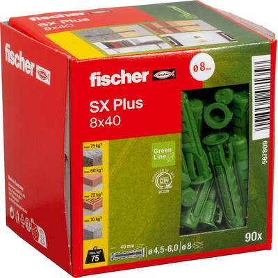 Červená a zelená Fischerova SX Plus box na zástrčky 8x40, s cez priehľadné okno viditeľnými zelenými plastovými kotvami; balenie označené 90x a 8 mm.