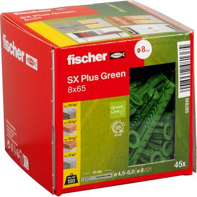 Balenie kotiev Fischer SX Plus Green 8x65 na stenu, s 45 zelenými kotvami pre otvory o priemere 8 mm.