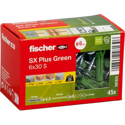 Krabica Fischer SX Plus Green 6x30 S kotiev do steny, červené balenie s 45 kusmi a zelenými kotvami viditeľnými cez okno.