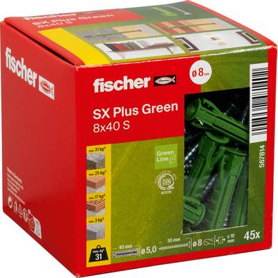 Krabica s fiškérnymi kottvami Fischer SX Plus Green, 8x40 S, s 45 zelenými okami viditeľnými cez okno balenia.