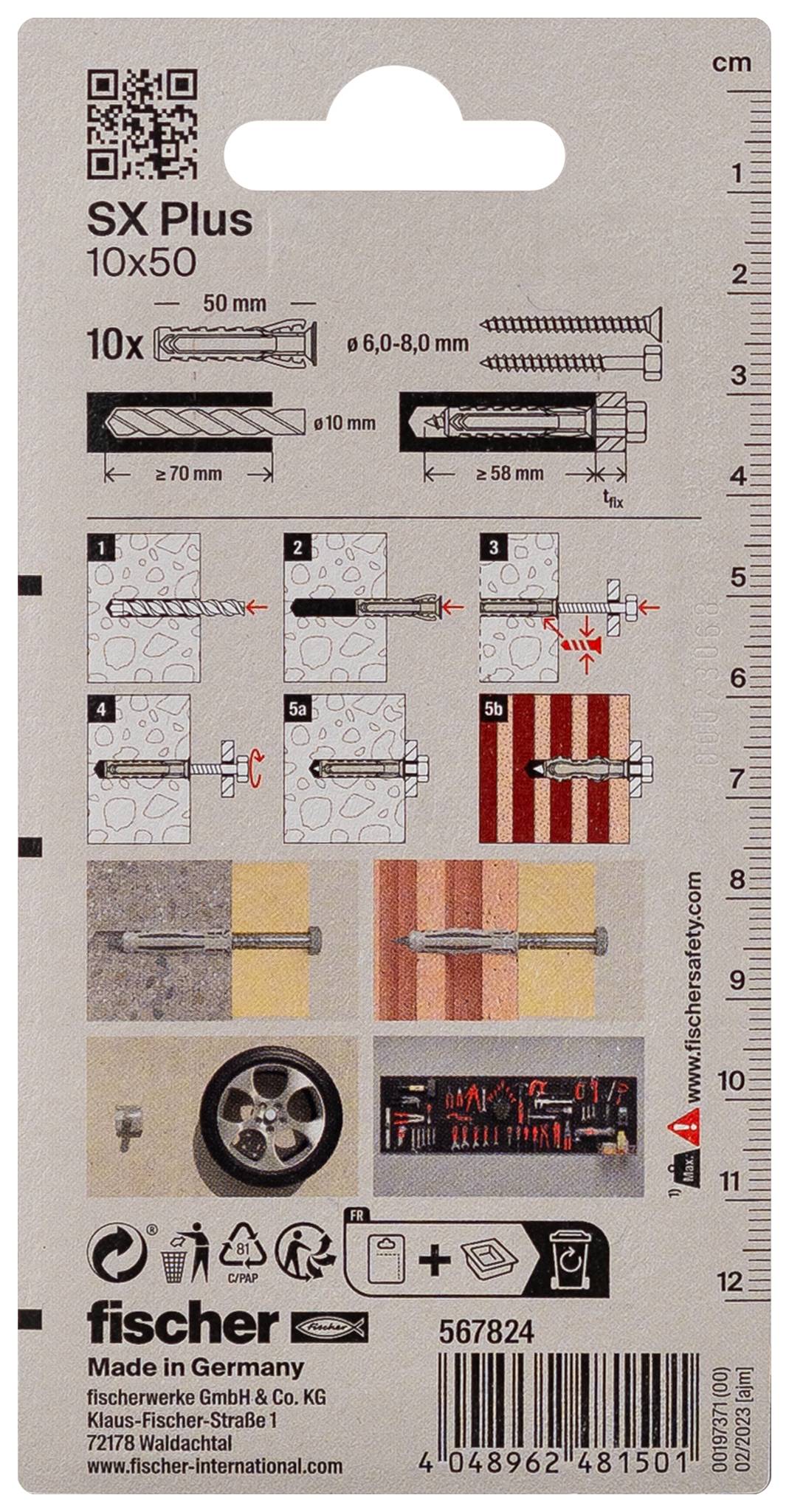 Návod na montáž hmoždiniek SX Plus 10x50. Zobrazuje hĺbku vŕtania, materiály, montážne kroky a bezpečnostné pokyny. Od spoločnosti Fischer.
