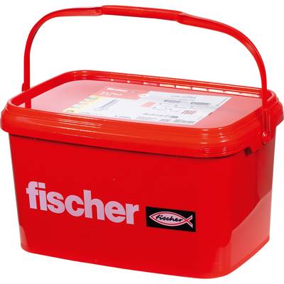 Červená plastová skladovacia škatuľa Fischer s rukoväťou na prenášanie a štítkom produktu na viečku.