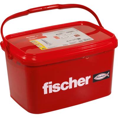 Červená plastová úložná krabica so rukoväťou, označená "fischer", zobrazená na bielom pozadí.