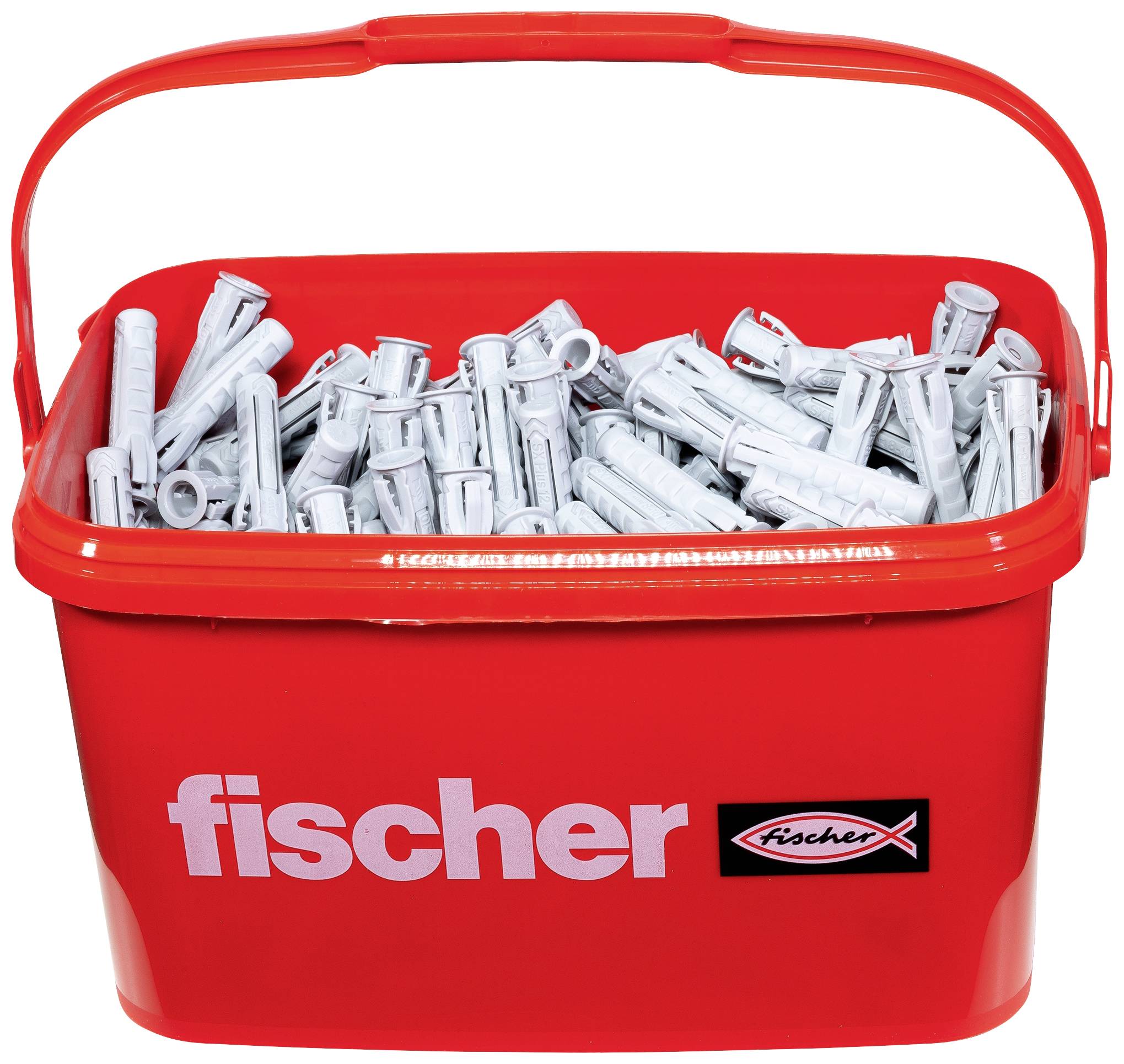 Červený vedierko s sivými hmoždinkami, s názvom značky 'fischer' na boku.