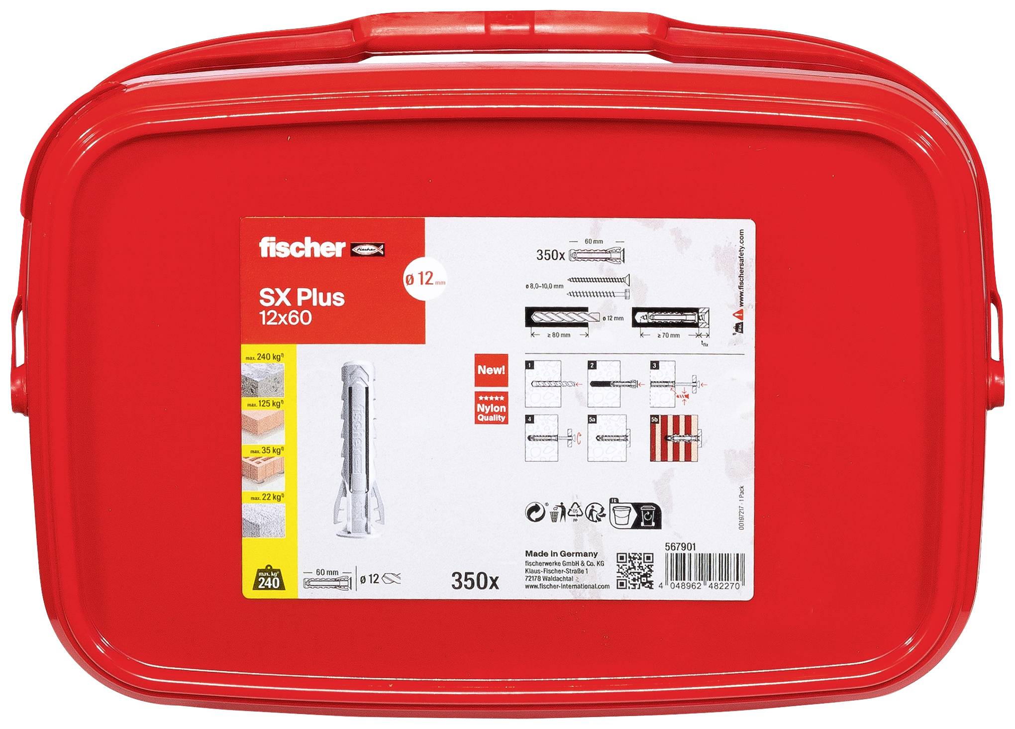 Červená plastová škatuľa s nápisom 'fischer SX Plus 12x60'. Obsahuje 350 hmoždiniek a montážne pokyny. Na obale sú viditeľné obrázky produktu a technické detaily.