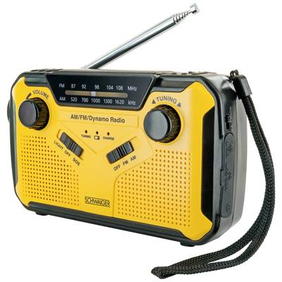 Prenosné žlté AM/FM/dynamo rádio s dvomi otočnými gombíkmi, výsuvnou anténou a nosnou slučkou.