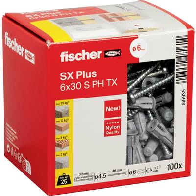Krabica s sadu plugov a skrutiek Red Fischer SX Plus na stenu s priehľadným oknom zobrazujúcim skrutky a hmoždinky, označená 6 mm a 100 kusov.