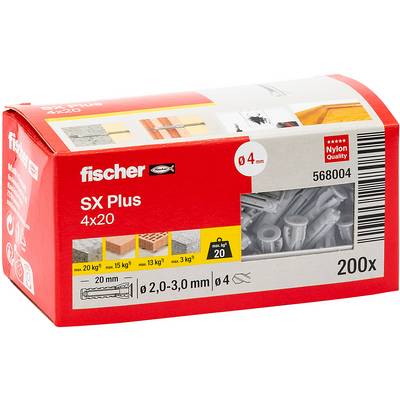 Krabička kotvy do steny Red Fischer SX Plus 4x20 s označením '200x' a 'Nylon Quality', zobrazujúca 4 mm kotvy a náhľadové okno plastových zástrčiek do steny.